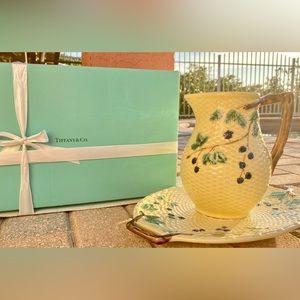 Tiffany & Co. Portugal Porcelain Yellow Wicker Texture Water Pitcher and Basin.